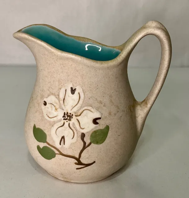 Pigeon Forge Pottery Creamer Pitcher Teal Interior Hand-Painted Dogwood Flower