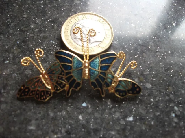 Cloisonné Enamel FISH SIGNED TRIO OF BUTTERFLIES IN ONE  BROOCH