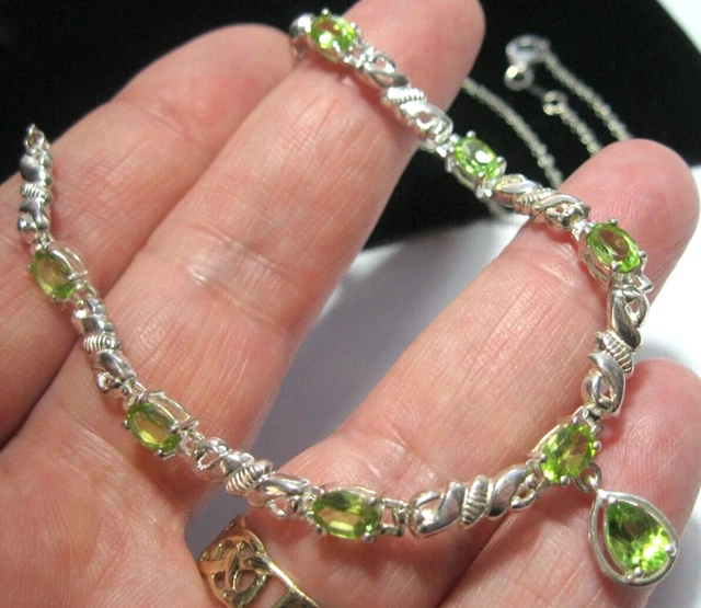 Sterling Silver Peridot Gem Stone Chain drop Necklace 20" Long 7.54g