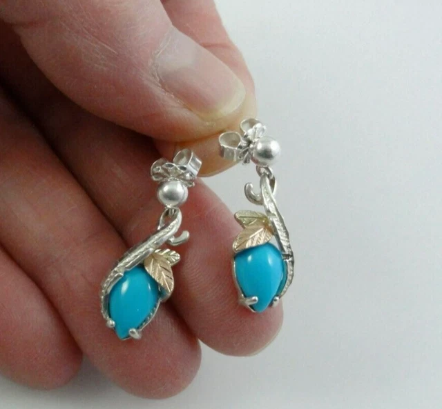 CCo Coleman Sterling Silver Turquoise 12K Black Hills Gold Leaf 7/8" Earrings