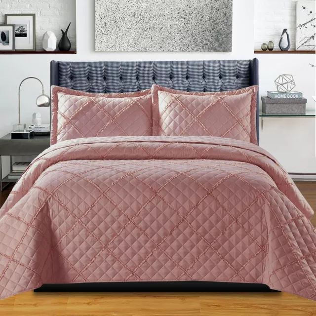 Luxury 3PC Quilted Embossed Bedspread Single Double King Bed Throw Bedding Set