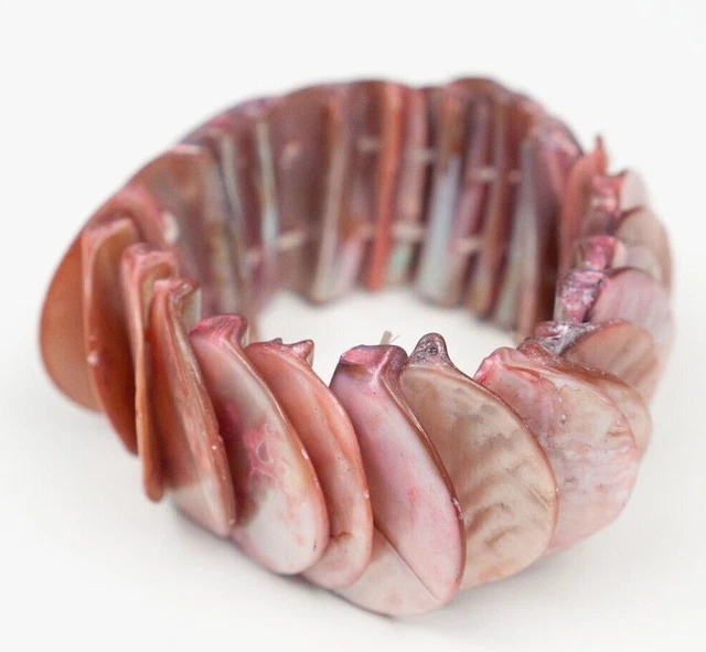 Vintage Chunky Pink Bracelet Shell Chip Stretch Mermaid Boho Retro Cuff 90s 80s