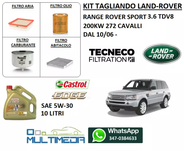 Tagliando Filtri + Olio Castrol 5W30 Land Rover Range Sport 3.6 Tdv8 200Kw 272Cv