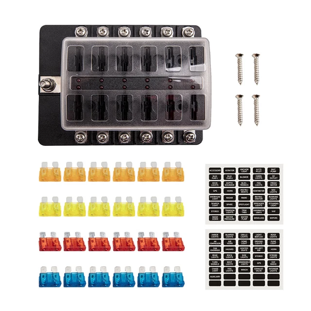 12-Way Auto Blade Fuse Holder Box Block w/ LED Indicator for 12V 32V Car Marine