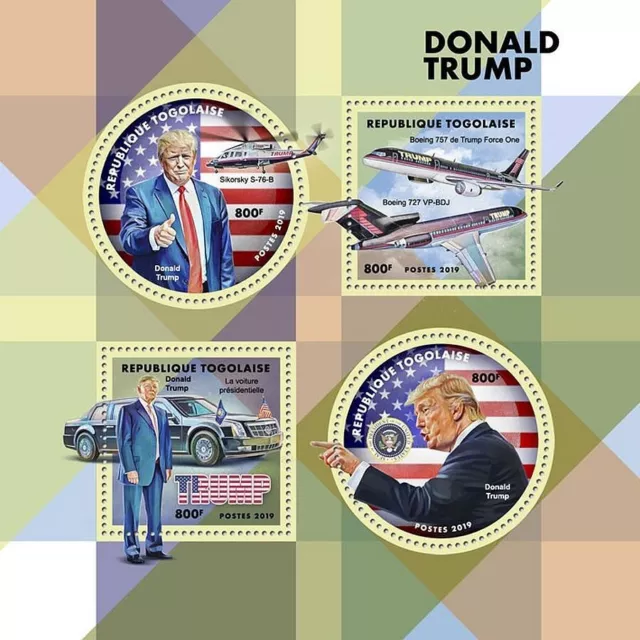 USA President DONALD TRUMP  Helicopter Aircraft Car Stamp Sheet (2019 Togo)