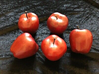 SET OF 5 Realistic Hand Carved & Painted Wooden Red Apples, Solid Wood Red
