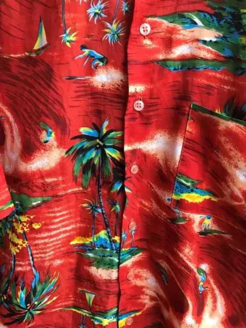 60s vintage collarless hawaiian shirt by Van Cort No iron M surfing beach scene 2