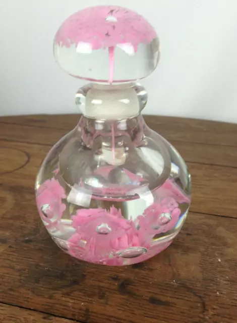 Vintage Art Glass Pink Flowers Perfume Bottle Paperweight  #WH-1-1