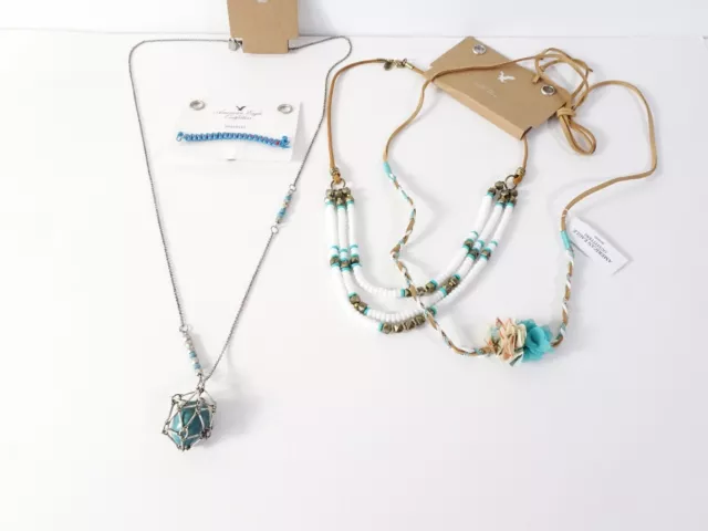 American Eagle Outfitters AEO Women's Beaded Turq Pendant Necklace Bracelet Set