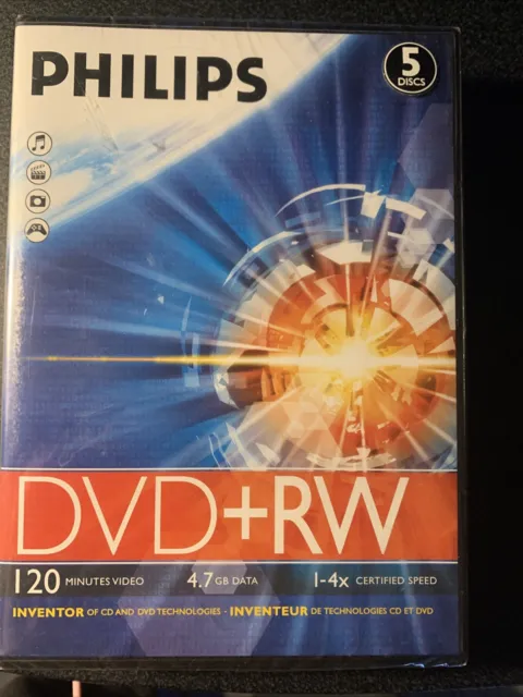 Philips Dvd + Rw - 120 Minuti Video, 4,7 Gb Dati 1-4X Velocità - Confezione Da 5 - Sigillato