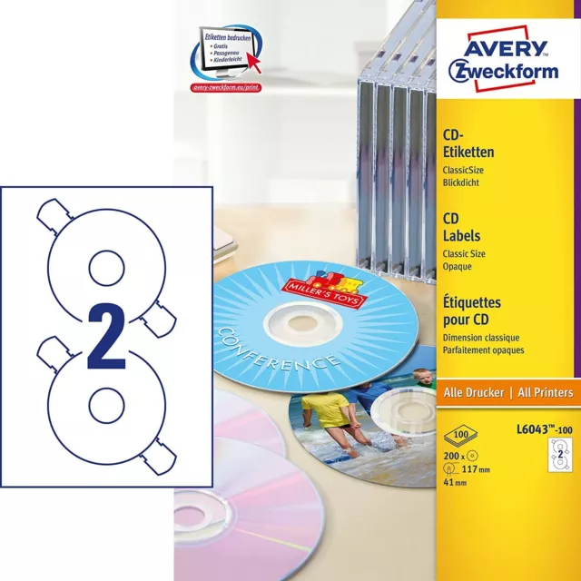 AVERY Zweckform L6043-100 selbstklebende CD-Etiketten (200 blickdichte CD-Aufkle