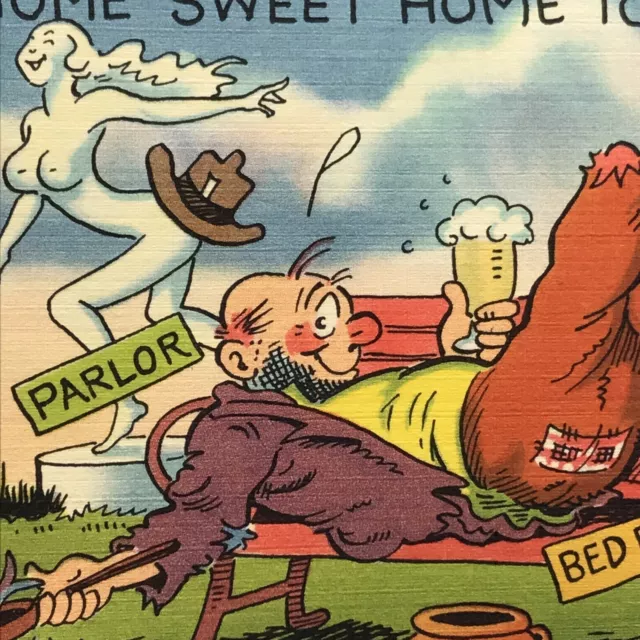 Postal vintage humorística arte de dibujos animados vagabundo hombre sin hogar humorística