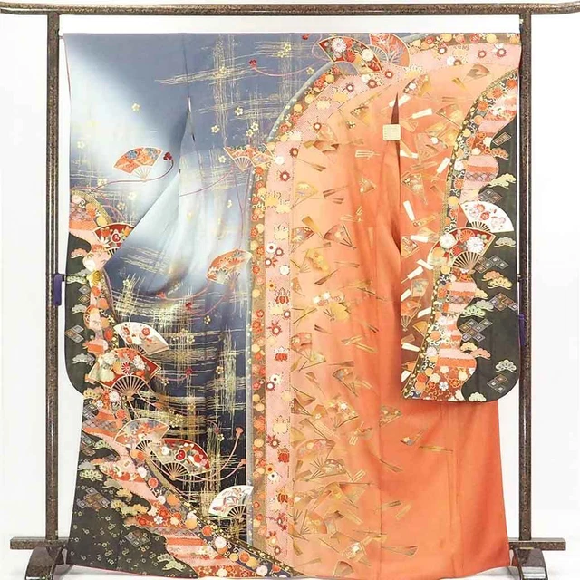 Japanese Silk Kimono Vintage Furisode Fan Gold Paint Classic Pattern Gray 66"
