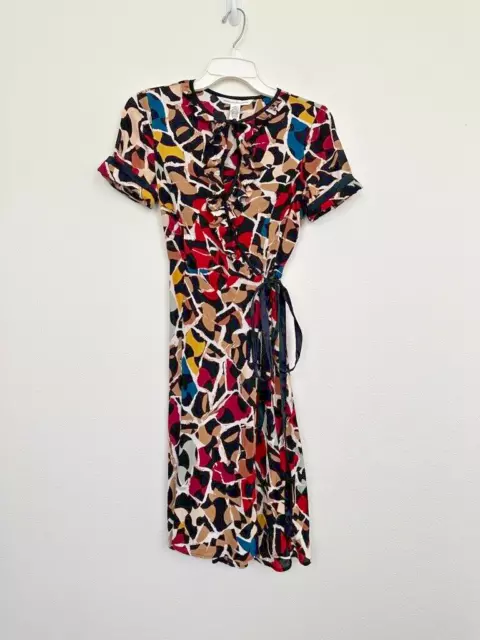 Diane Von Furstenberg DVF Women Silk Wrap Midi Dress Black Multicolor Size 6 Tie