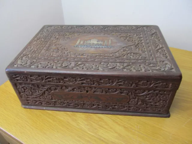 Vintage Indian Hand Carved / Brass Inlaid Wooden Stationery Box