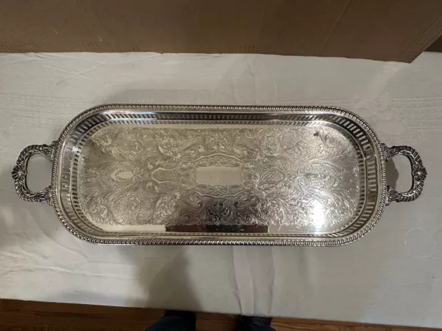 Vintage Silver Plate Butlers Serving Tray Ornate Footed & Handled By Regency
