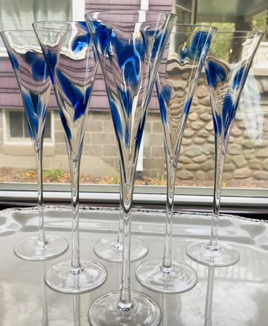 6 Pier 1 Blue Spots Champagne Flute 11" Barware Amoeba Cocktail Hand Blown Glass