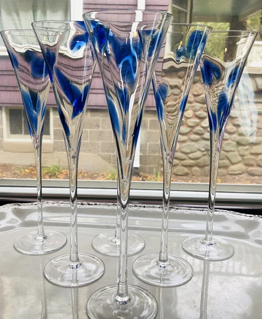 6 Pier 1 Blue Spots Champagne Flute 11" Barware Amoeba Cocktail Hand Blown Glass