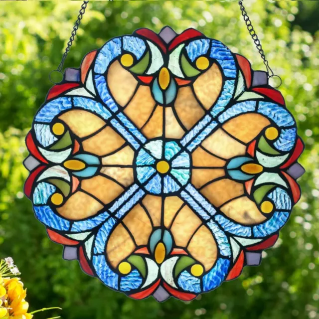 12-In Blue and Red Floral Tiffany Style Stained Glass Window Panel Suncatcher