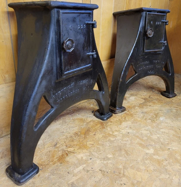 Pair Of Antique Lathe Legs Cast Iron Prentice Co. Mass With Doors Both Ends! Wow Pair Of Antique Lathe Legs Cast Iron Prentice Co. Mass With Doors Both Ends! Wow
