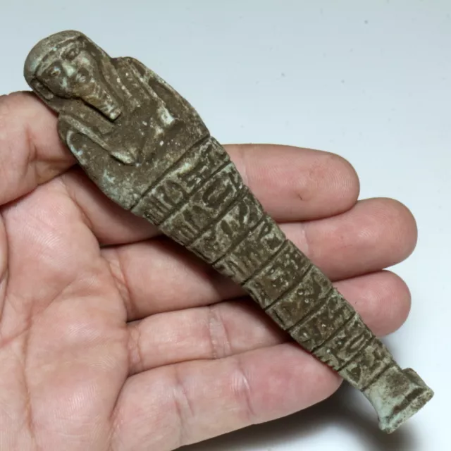 Ancient Egyptian glazed shabti statue with hieroglyphics circa 700-500 B.C