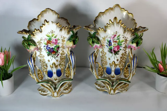 Antique pair french vieux paris porcelain hand paint floral Vases 1900s