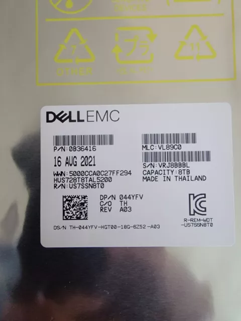 44YFV DELL EMC 8TB 7.2K 12Gbps ENT SAS 3.5in 512e HDD 044YFV HUS728T8TAL5200 New