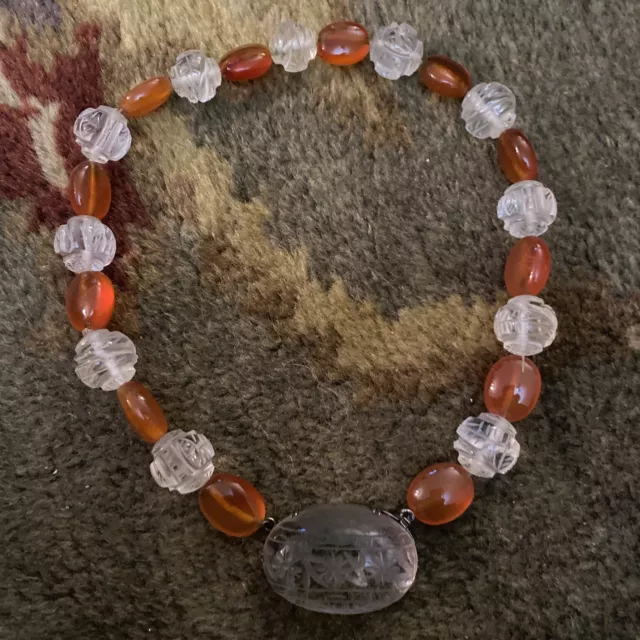 Vintage Carved Quartz Carnelian Sterling Silver Necklace Germany