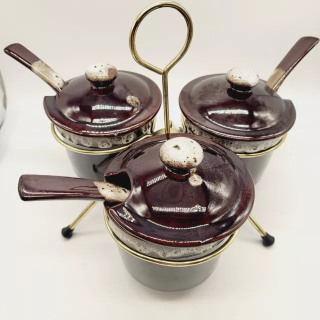 Vtg Sputnik MCM Brown Drip Glaze Pottery Condiment Trio W/ Spoons Caddy Holder