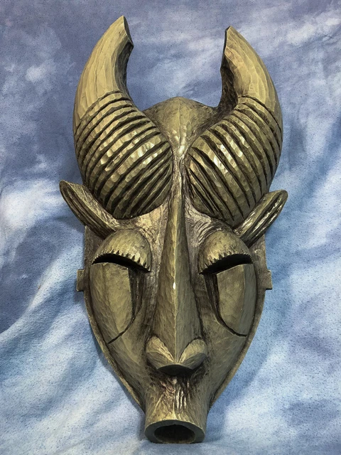 Vtg African Art Style Goat Mask Heavy Plaster Wall Plaque, Tiki Tribal, Signed