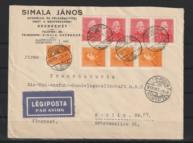 Ungarn Luftpost Firmenbrief Kecskemet nach Berlin, 1937 #1098569