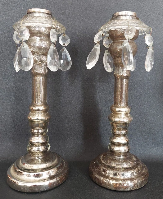 Paire de bougeoirs anciens, verre soufflé au mercure, XIXème siècle