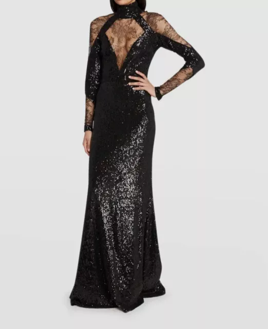 $3475 Elie Saab Women's Black Embellished Lace Illusion Gown Dress Size FR38/US6