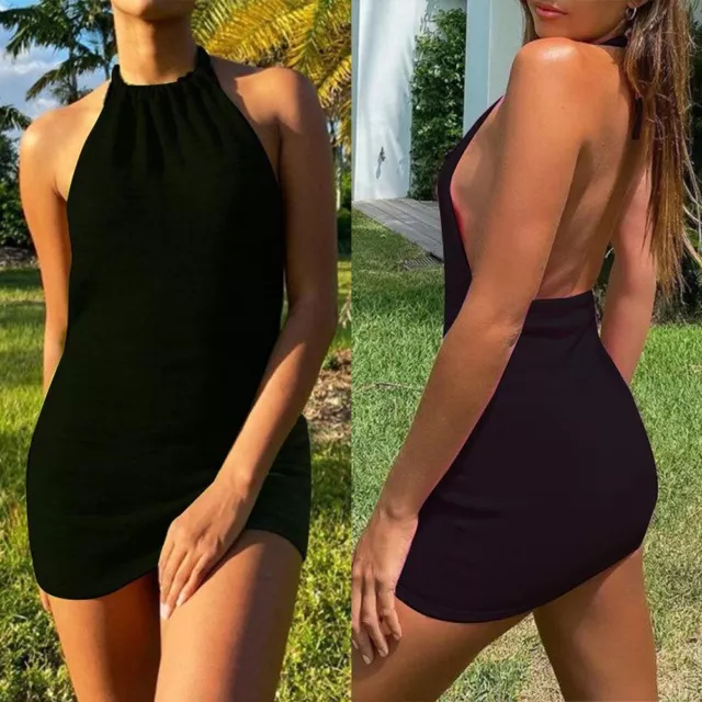 Femmes Sexy Dos Nu Mini Robe Plage Soirée Robes Dos-Nu sans Manche Robe *