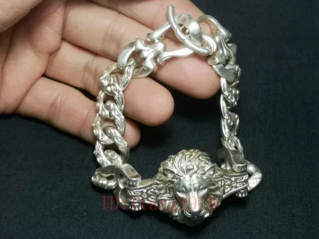 Collection Chinese Tibet silver old hand carved cast lion statue bracelet Gift