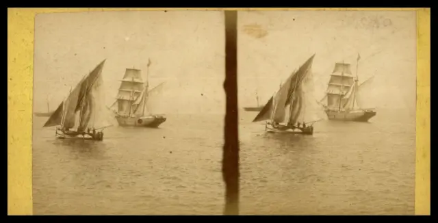 Voiliers sur la mer, ca.1870, stéréo Tirage vintage stéréo, tirage d&#039;