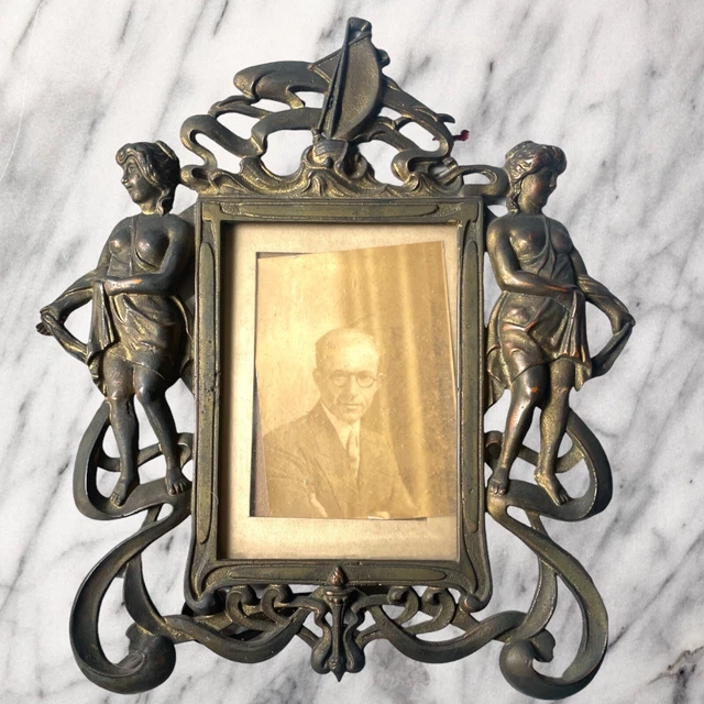 RARE Antique Art Nouveau Bronze Figural Photo Frame With Original Patina