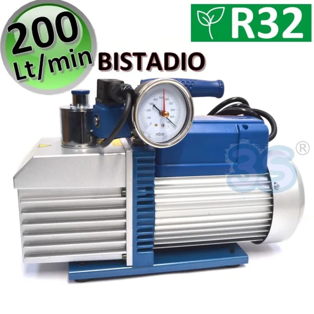 Pompa del vuoto bistadio con elettrovalvola e vacuometro 200 Lt/min per impianti