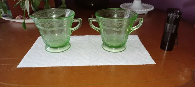 Federal Glass PATRICIAN "Spoke" Green Footed creamer and Sugar bowl  Mint