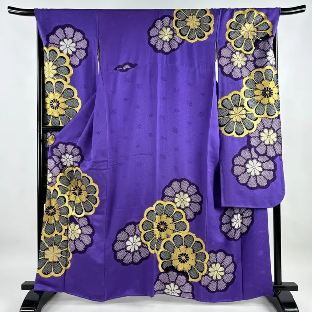 Japanese Silk Kimono Furisode Gold Foil Thread Purple Violet Flower EX cond 64"