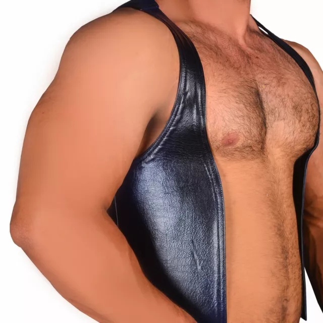 LEATHER MENS BLACK LEATHER BAR VEST FETISH BIKER STYLE - Two Tone Leather