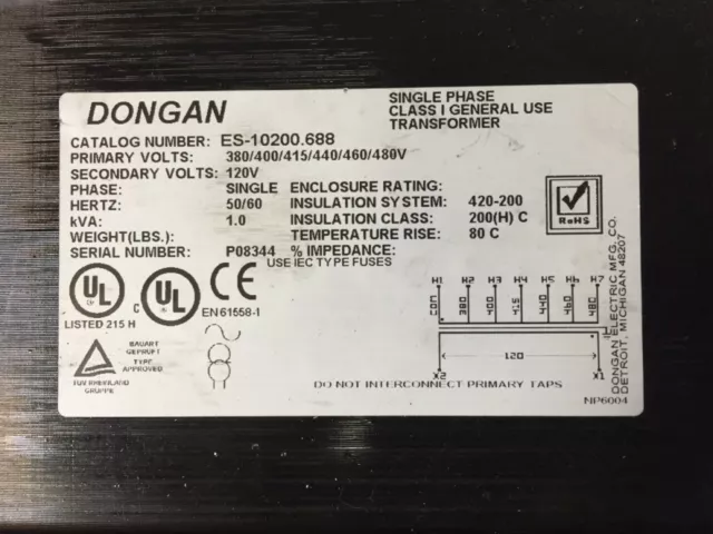 Dongan ES-10200.688 Transformato Singel Phasetransformer 1.0 Kva 120 Acc 2