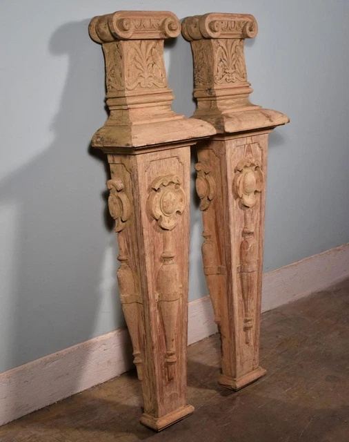 *44" tall Pair of Antique French Solid Pine Fireplace Pillars Stripped Wood