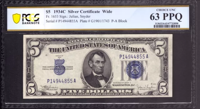 1934 C $5 Silver Certificate Note Fr.1653 Pa Block Pcgs B Choice Unc 63 Ppq