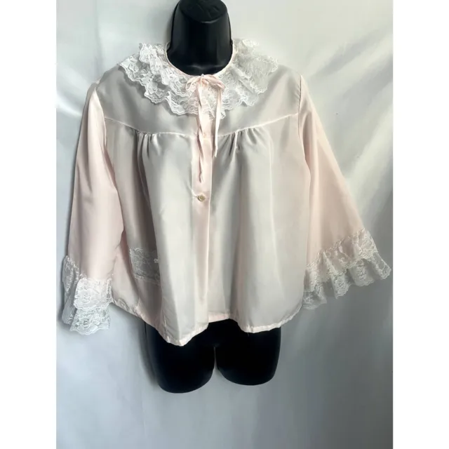 Vintage Sears Victorian Sleep Night Shirt Pastel Pink Lace Trim Nylon Sz M Retro