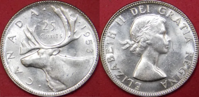 Brilliant Uncirculated 1953 Canada No Shoulder Fold Silver 25 Cents Scratched