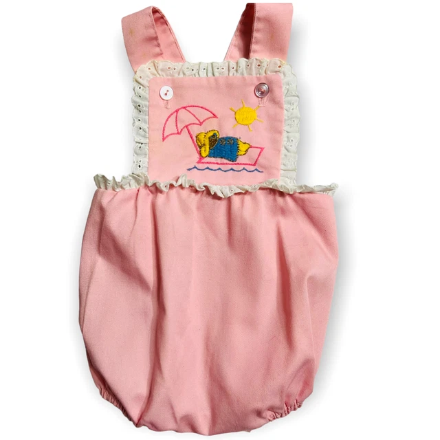 Vintage By Thomas Romper Size 6-9 Months Pink Sunsuit Snap Crotch Embroider USA