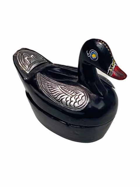 Mini Duck Bird Waterfowl Fowl Trinket Box Black Lacquer Small Stash 2 Piece