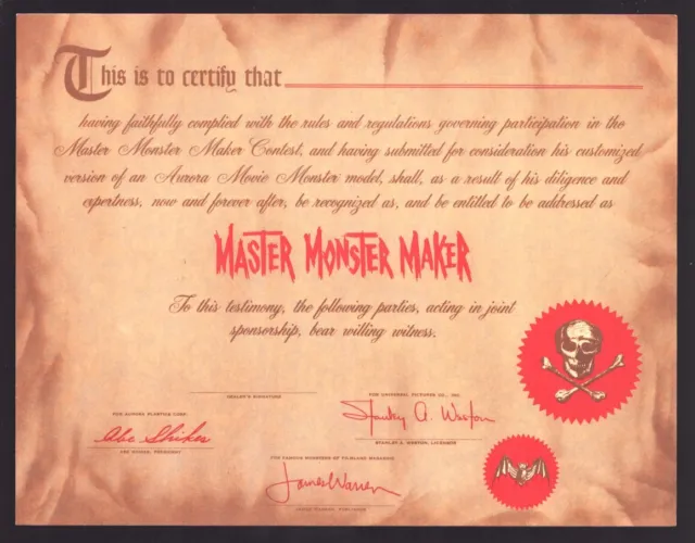 Famous Monsters Of Filmland Master Monster Maker Certificate-James Warren 196...