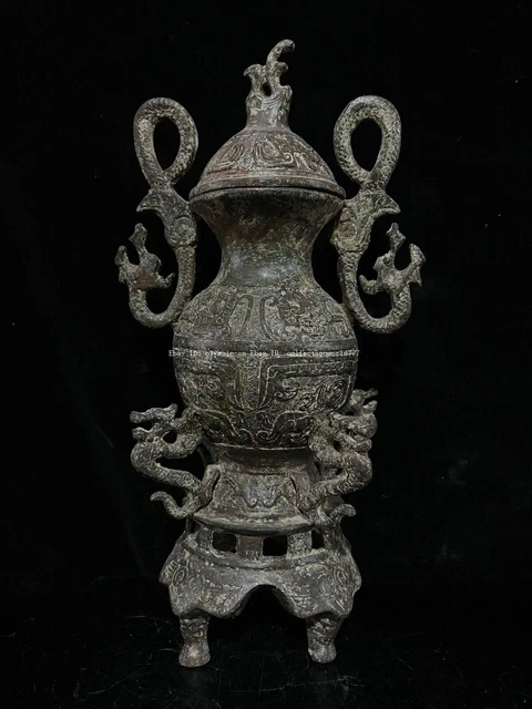 12'' old bronze mold casting sculpture ancient beast dragon jar pot vase statue